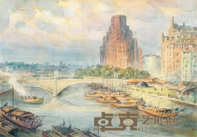 潘思同     1959年作 苏州河畔的上海大厦 37.3×53.4cm