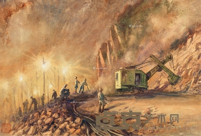 潘思同 1958年作 新安江水库工程之一·夜间风钻 24×35cm