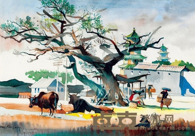 曾景文     牛及风景 52.5×73cm