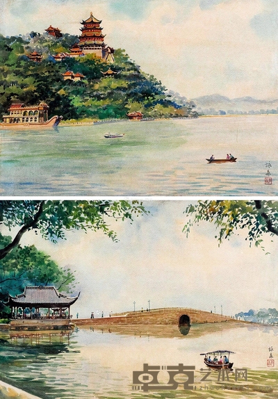 李詠森 六和塔 西湖断桥 (一组两幅) 38×55cm×2
