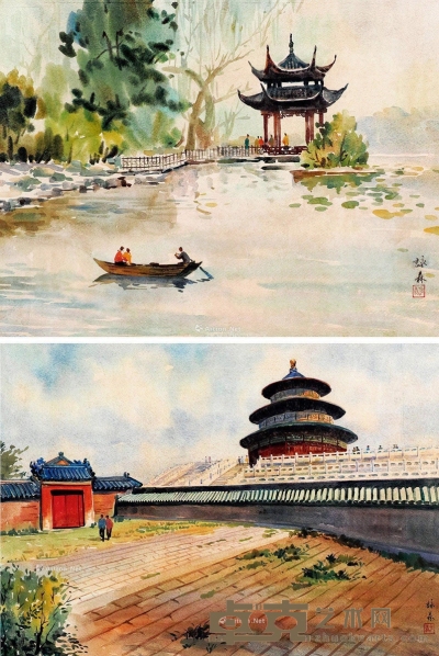 李詠森     湖心亭 天坛 （一组两幅） 38×55cm×2