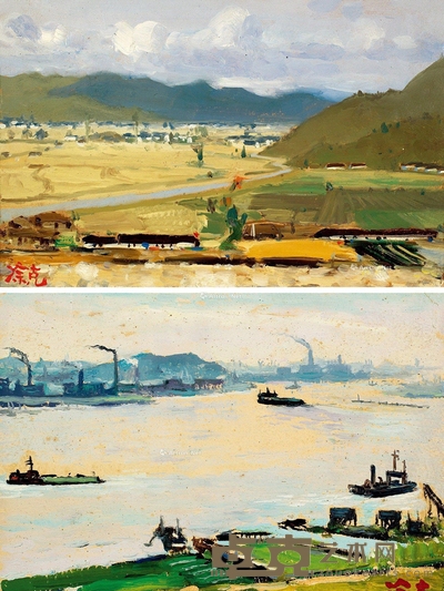 凃克     1972年作 1980年作 风景 南京下关渡口 （一组两幅） 13.8×19.6cm；17.3×21.3cm