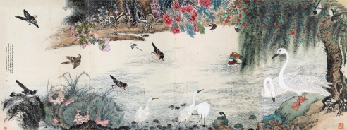 刘伯年     1987年作 荷塘鹤语图