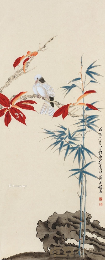 赵蕴玉 1988年作 红叶白鸽图 122×50cm