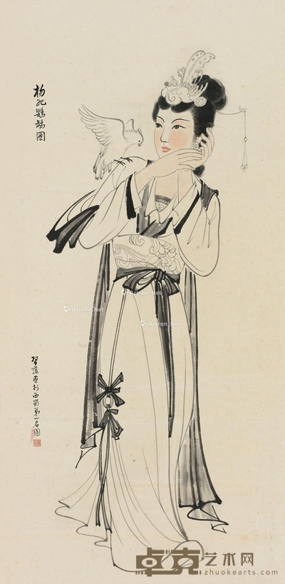 习蕴 杨妃鹦鹉图 131×64cm