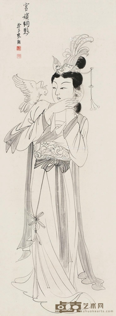 张湘 宫嫔调鹦图 139×52cm