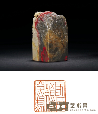昌化刘关张鸡血石云龙纹方章 5.4×5.4×10.2cm