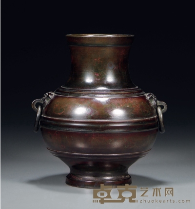 清·铜制弦纹活环瓶 高：14cm