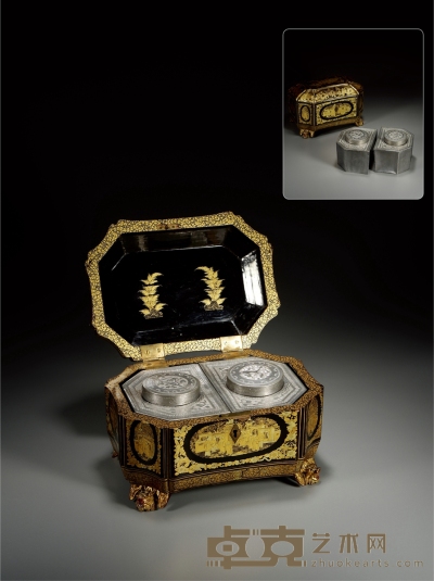 清·锡罐外套黑漆描金人物纹方盖储茶盒 15.5×23.5cm（外盒）；8.8×10cm×2（锡罐）