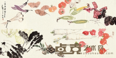 2002年作 蔬果累累 纸片 设色纸本 34×134cm×2