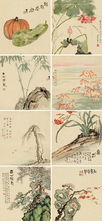 1922年作 山水花卉 屏轴 设色绢本