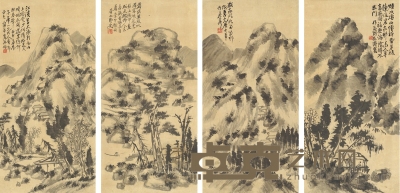 蒲华     1872年作 山水四景 （三帧） 135×67cm×4