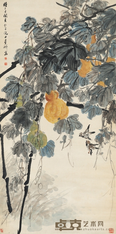 倪田 1917年作 金秋葫芦图 137×68cm