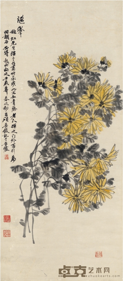 吴昌硕     1892年作 菊花延年图 106.5×46.5cm