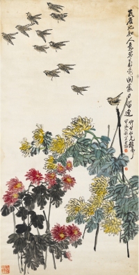 王震     1934年作 瓦雀菊花图