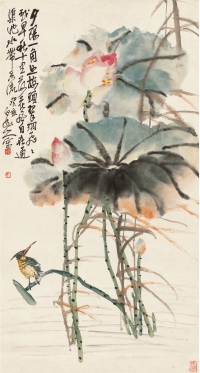 王震     1923年作 荷香翠鸟图