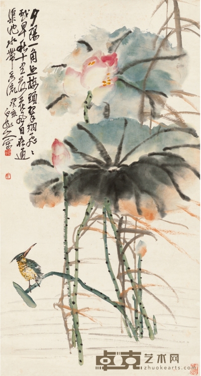 王震     1923年作 荷香翠鸟图 89.5×47.5cm