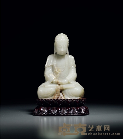 清 白玉雕阿弥陀佛坐像 高16.5cm；带座高20.5cm