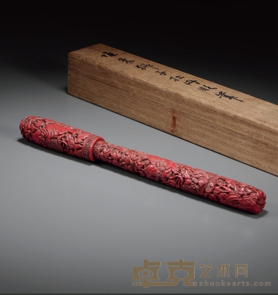 明 剔红狮子牡丹花卉毛笔 长26.5cm