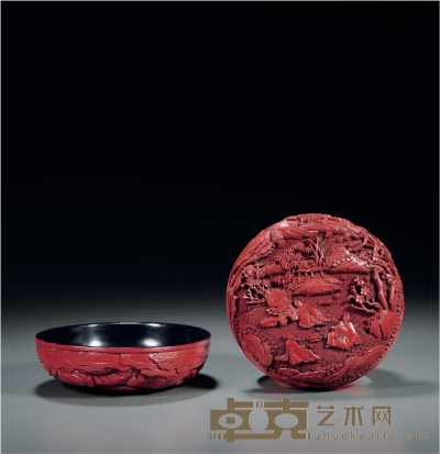 清 剔红双面雕赏梅图香盒 高7cm；口径13.2cm