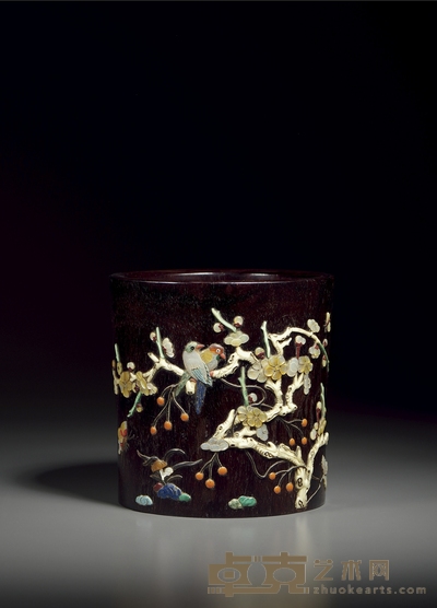 清 紫檀嵌百宝喜上眉梢笔筒 高13.9cm;口径13.7cm