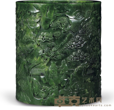 清 碧玉雕山林隐逸纹笔筒 高18.1cm;口径16cm