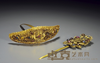 明 金制嵌宝石发簪 （两件） 长13.5cm；长18cm