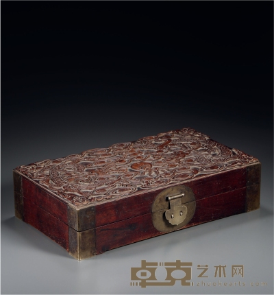 晚明 楠木制双龙戏珠帖盒 高8.5cm；长34.5cm；宽20cm