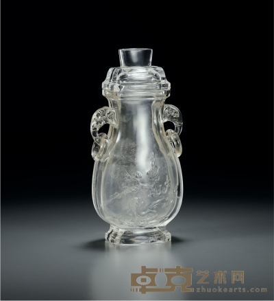 清 水晶雕花卉诗文象耳瓶 高8.5cm