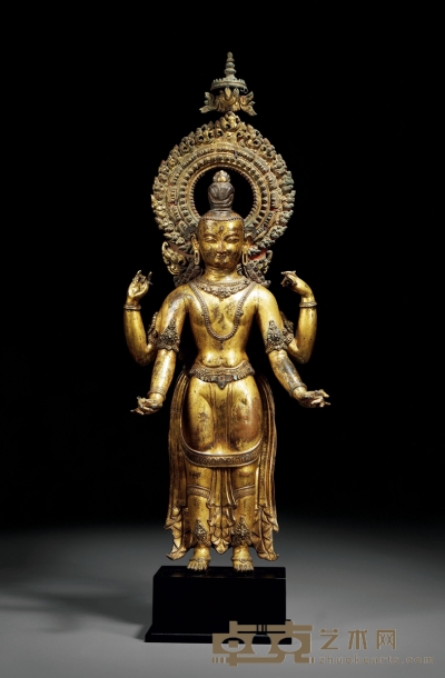 15-16世纪 铜鎏金四臂观音像 高52cm；高（带背光）69cm