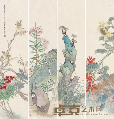 任薰     庚寅（1890）年作 花卉 180×41cm×4