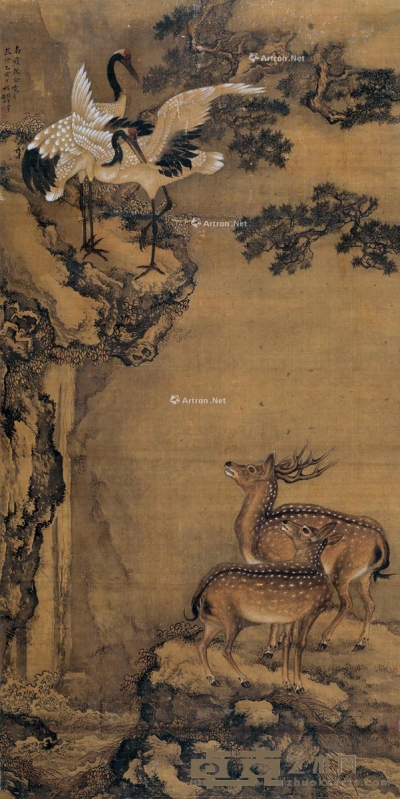 沈铨     乙亥（1735）年作 松龄仙寿 196×95cm