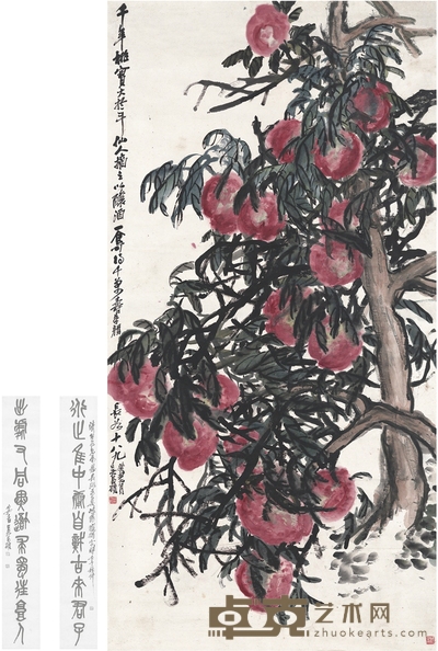 1913年作 三千年结实之桃 立轴 设色纸本 172×88cm