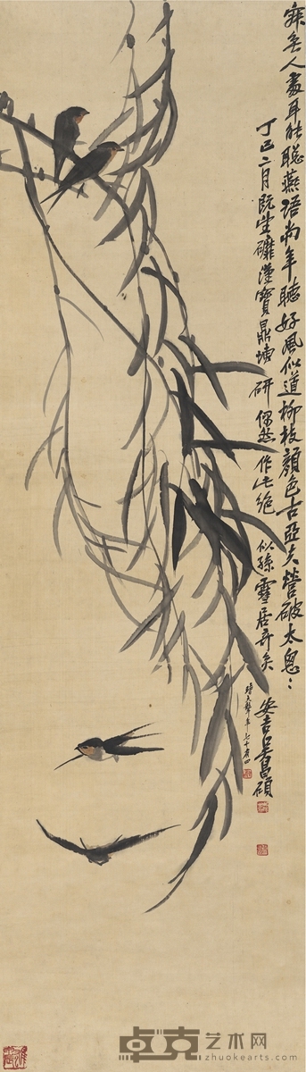 1917年作 柳燕图 立轴 设色绢本 141×38.5cm