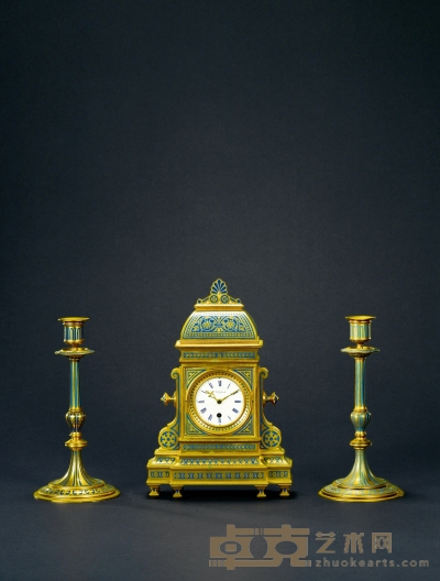 铜鎏金蓝珐琅钟 （三件套） 高30cm；宽12cm；烛台高25cm