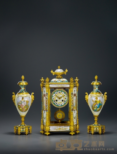 珐琅瓷片钟 （三件套） 高43cm；宽25cm；配瓶高38cm
