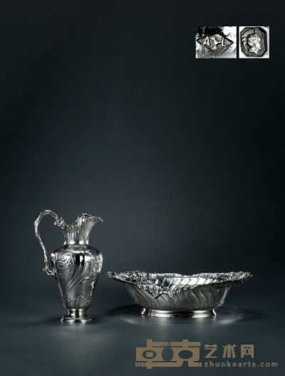 1895年制 纯银大型酒壶 配托盆 水壶高34.5cm；托盆高12.8cm；宽34.5cm