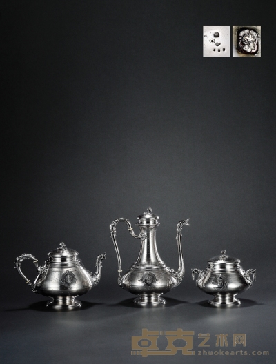 1850年制 纯银海豚壶嘴咖啡茶具 （三件套） 咖啡壶高25.5cm