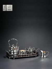 日本明治时期制 纯银竹叶茶具 （五件套）