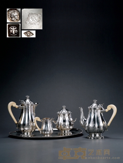 1920年制 纯银咖啡茶具 配托盘 （四件套） 咖啡壶高23cm；托盘长44cm；宽34cm