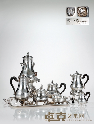1890年制 纯银大型咖啡茶具 （八件套） 大型可加热烧水壶高44.5cm
