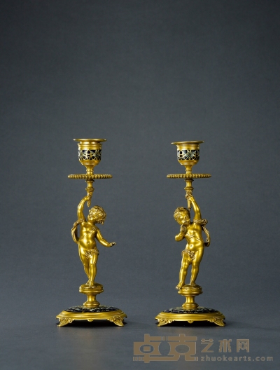 铜鎏金配彩色珐琅小天使蜡烛台 （一对） 高21.8cm