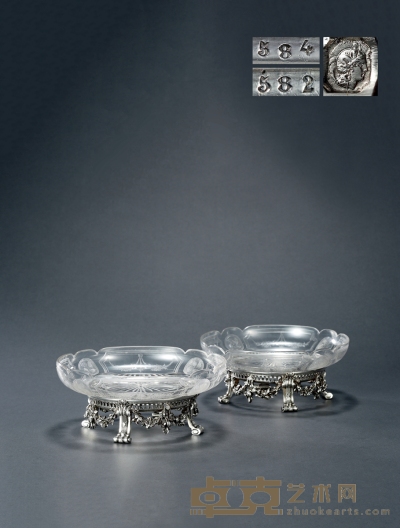 1880年制 纯银配水晶托盘 （一对） 高10.5cm；直径24.6cm
