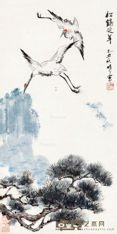 乙丑（1985）年作 松鹤延年 立轴 设色纸本 67×34cm