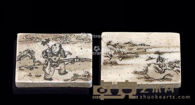 落叶款 山水、人物纹旧瓷牌 (一对) 6.9×4.9×1.3cm;6.7×4.7×1.3cm