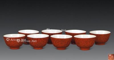 旧 珊瑚红描金花卉纹寿字茶碗 （八只）