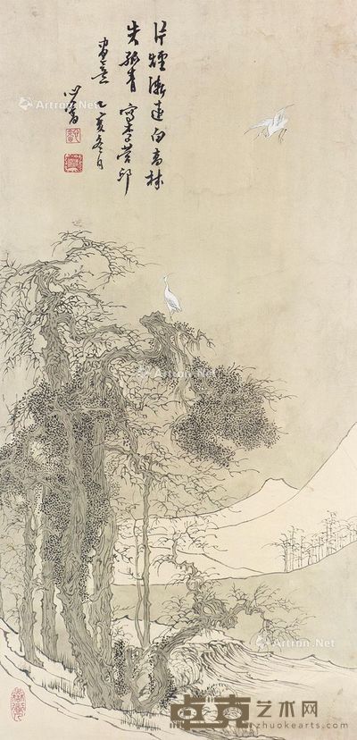 溥儒 丛林石鹭图 71.5×35cm