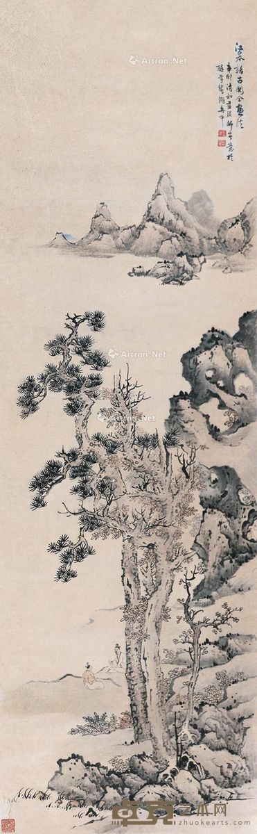 蓝瑛 （款）    1651年作 江皋话古图 镜心 设色纸本 133×41cm