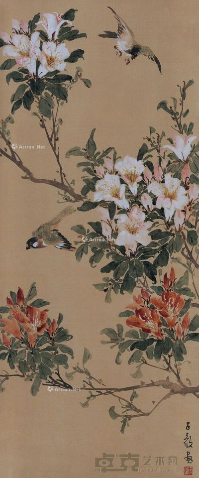 陈子毅 花鸟 镜框 设色绢本 86×35cm