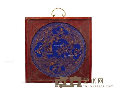 清光绪 霁蓝釉描金人物故事瓷板 直径32.5cm